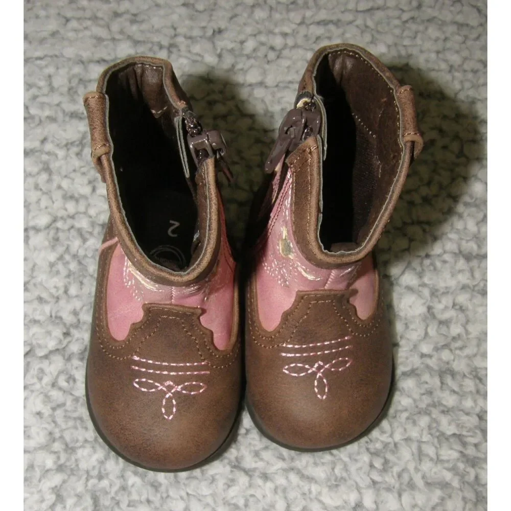 Baby Girls Sz 2 Sparkly Butterfly Cutout Side Zip Brown & Pink Cowgirl Boots